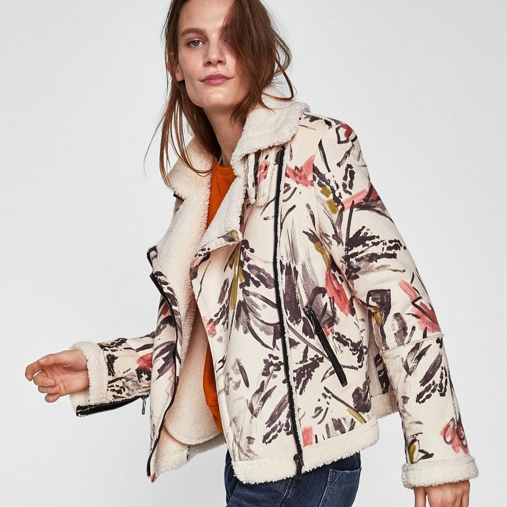 Faux Fur Suede Shearling Painted Motorcycle Jacket